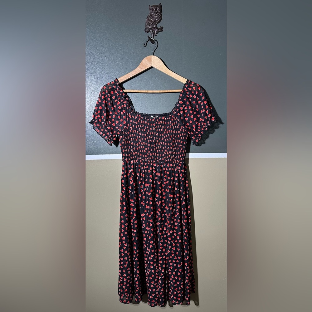 Elegant Black Midi Dress with Red Heart Pattern